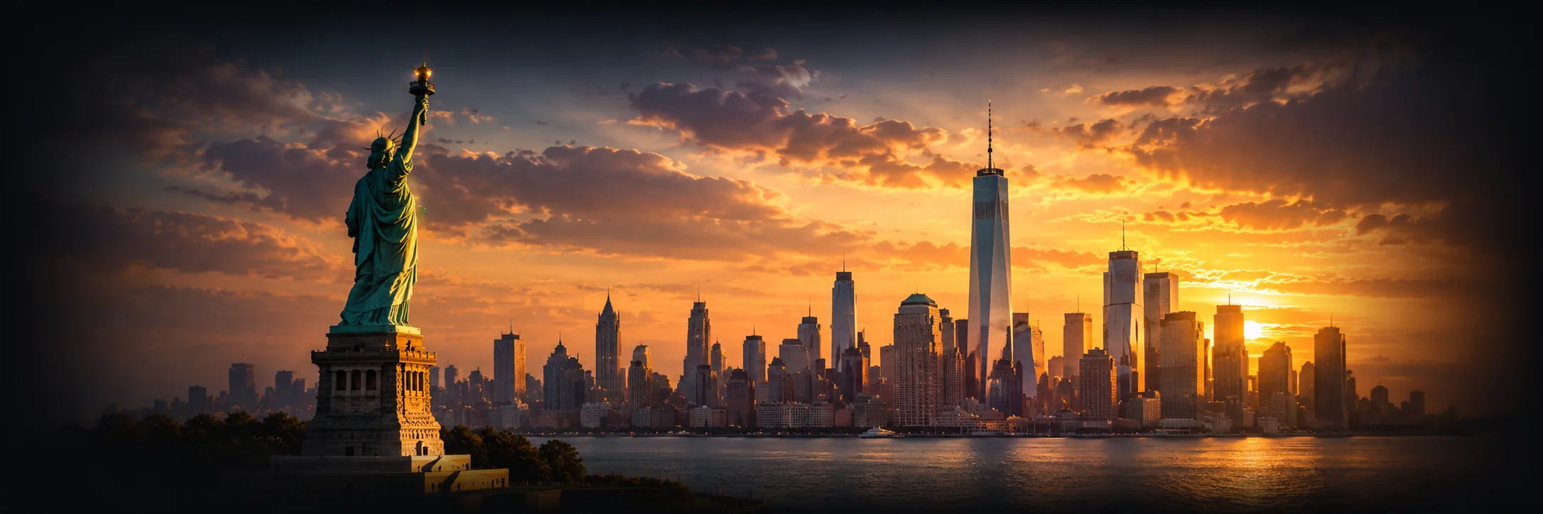 New York skyline and Statue of Liberty at golden sunset with feathered edges