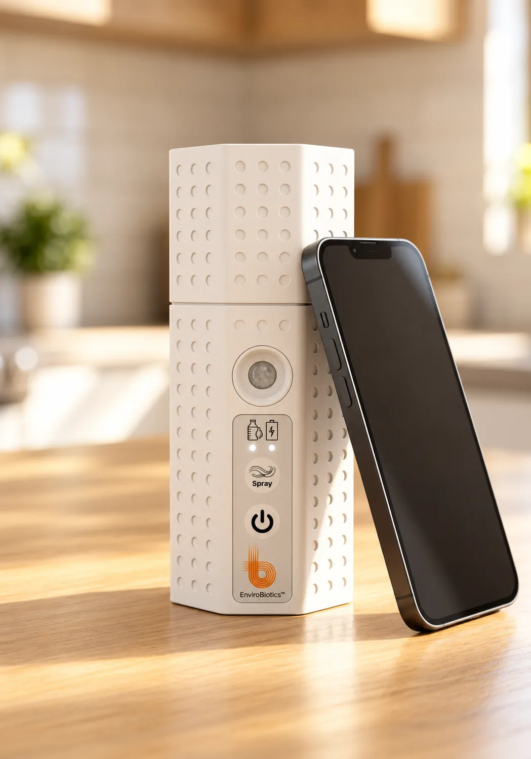 BetterAir EnviroBiotics device with smartphone